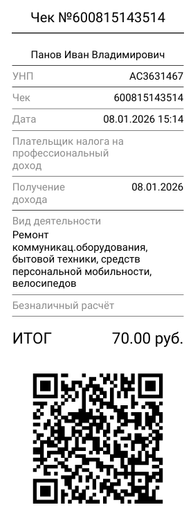 Образец кассового чека Panchi